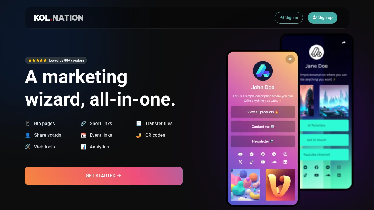 Screenshot of KOL Nation Social Tools website