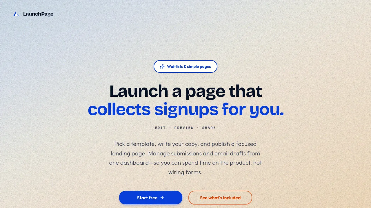 Screenshot of LaunchPage website