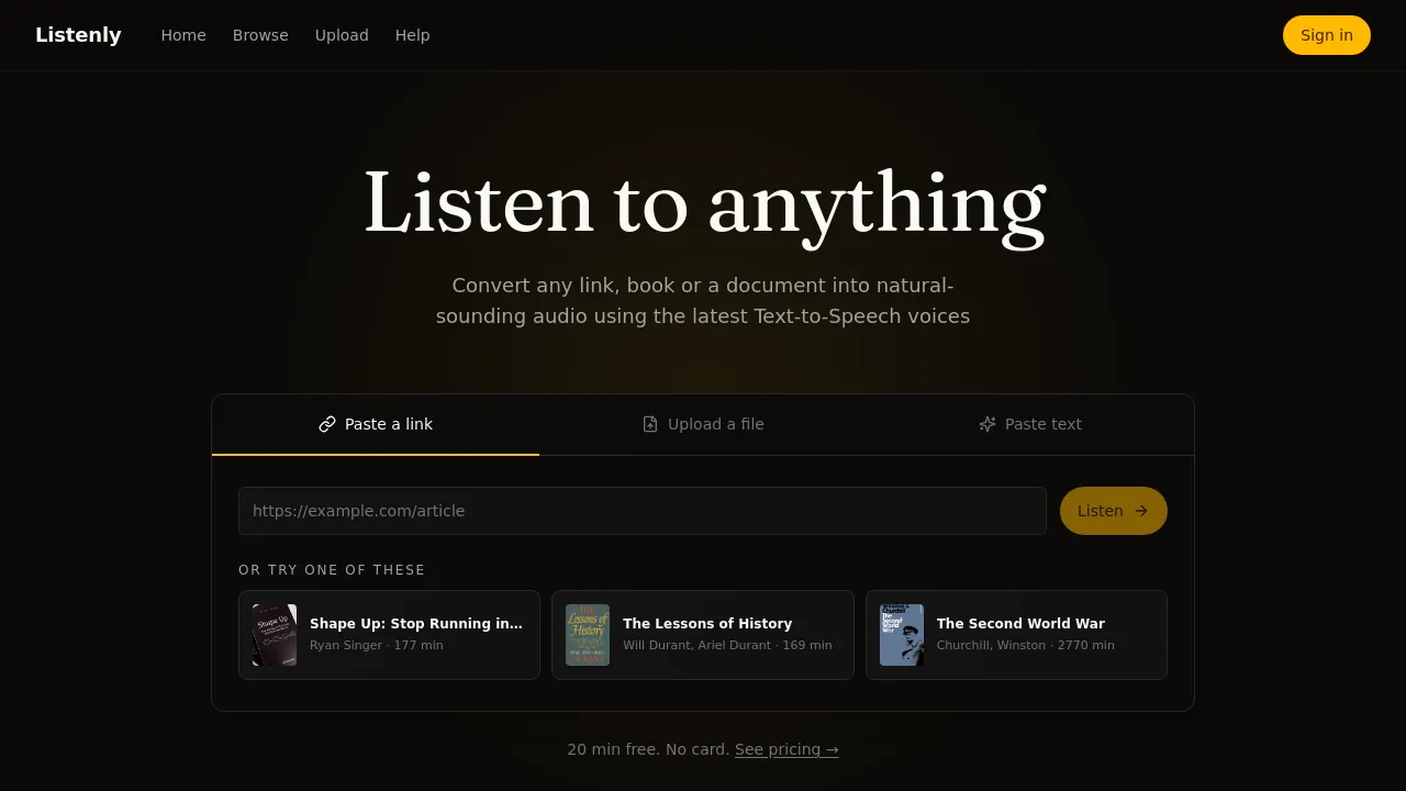 Screenshot of Listenly website