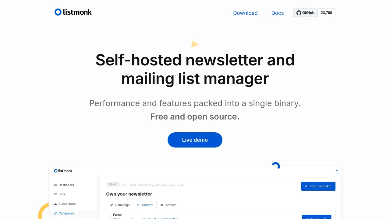 Screenshot of listmonk website