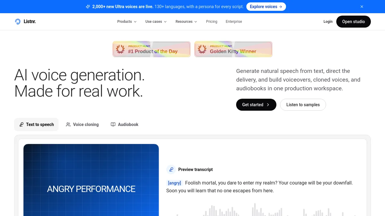 Screenshot of Listnr website