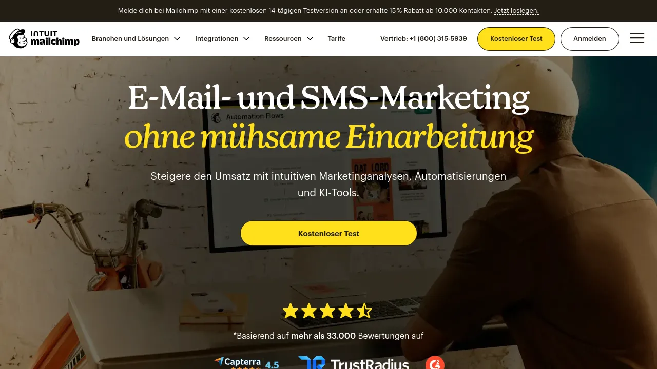 Screenshot of Mailchimp website