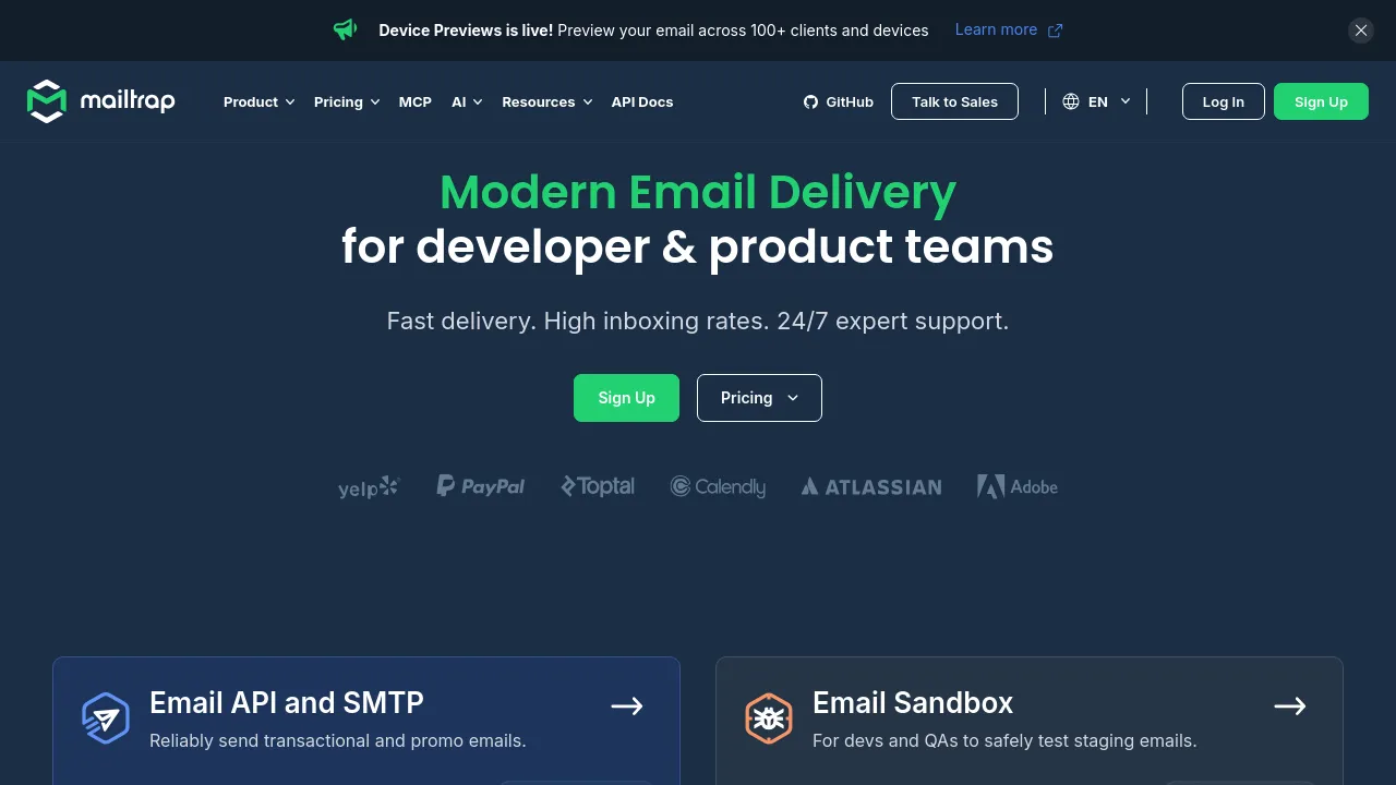 Screenshot of Mailtrap website