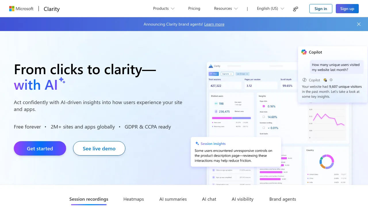 Screenshot of Microsoft Clarity website