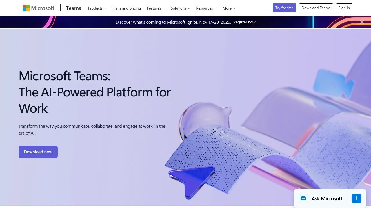 Screenshot of Microsoft Teams website