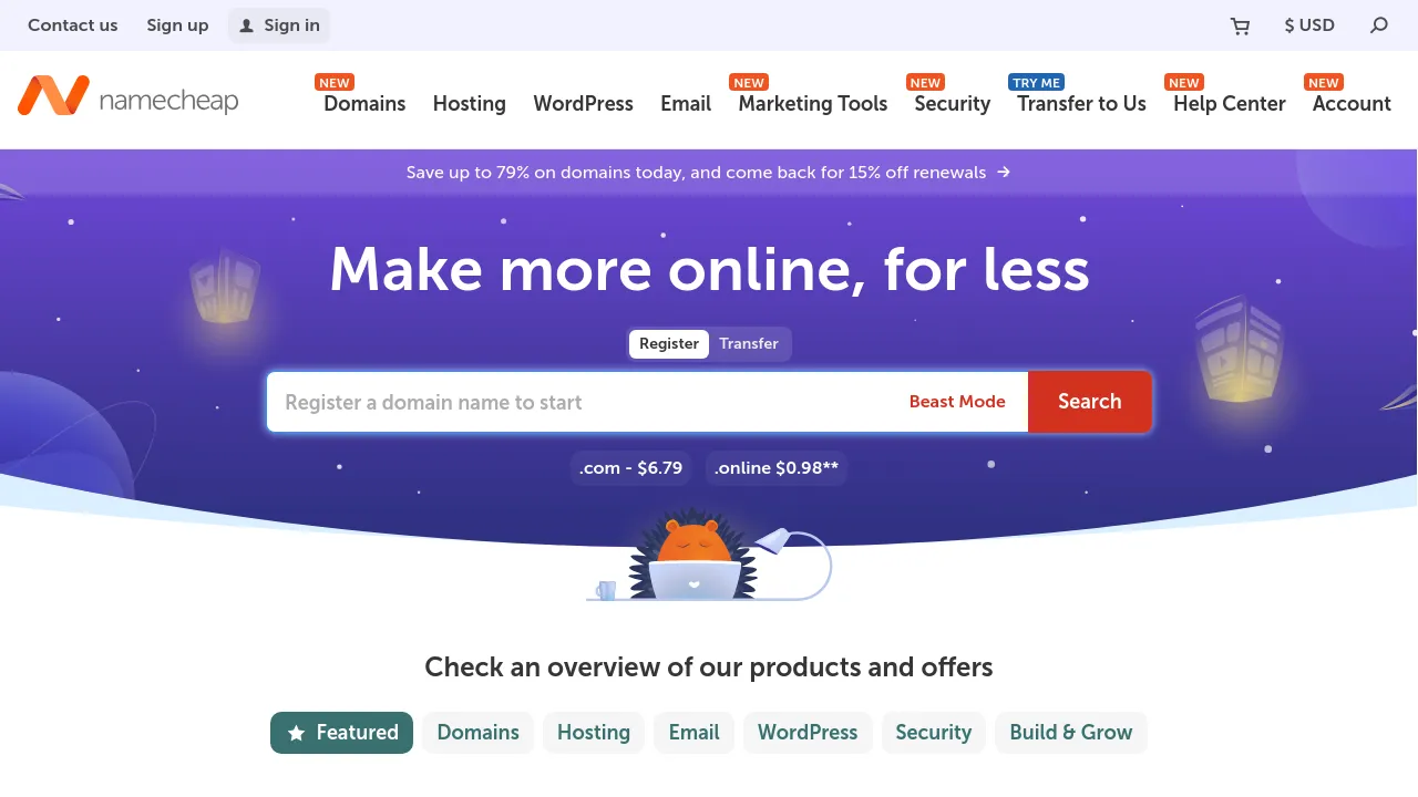 Screenshot of Namecheap website