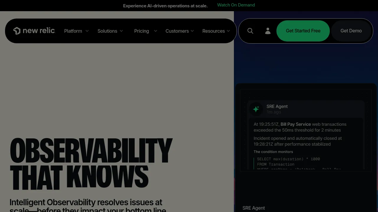 Screenshot of New Relic website