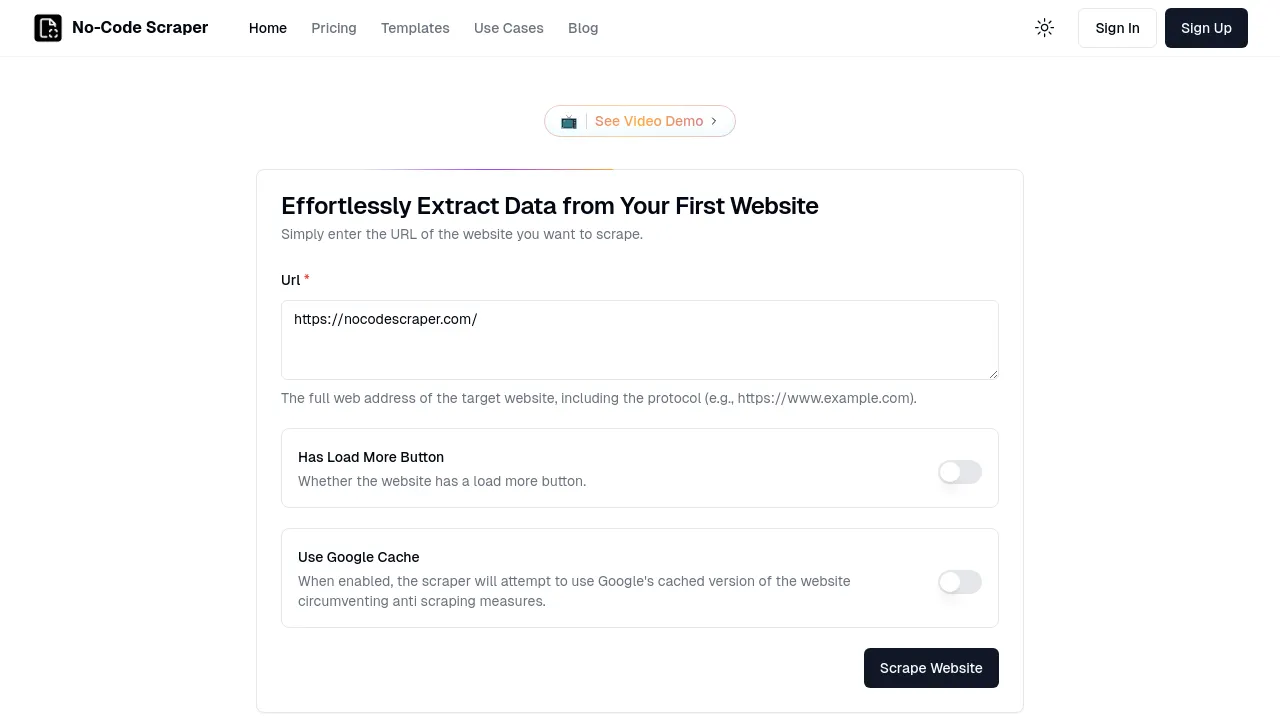 Screenshot of No-Code Scraper website