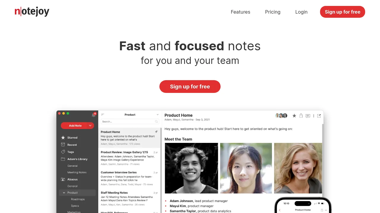 Screenshot of Notejoy website