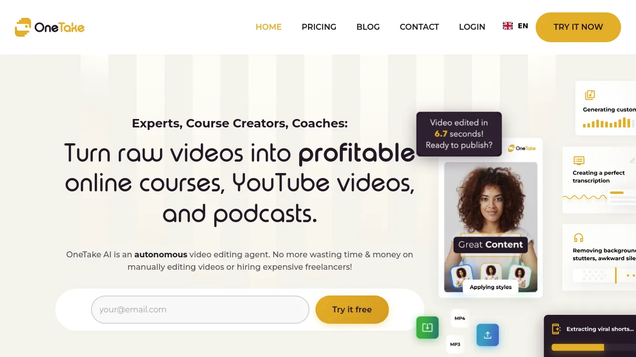 Screenshot of OneTake AI website