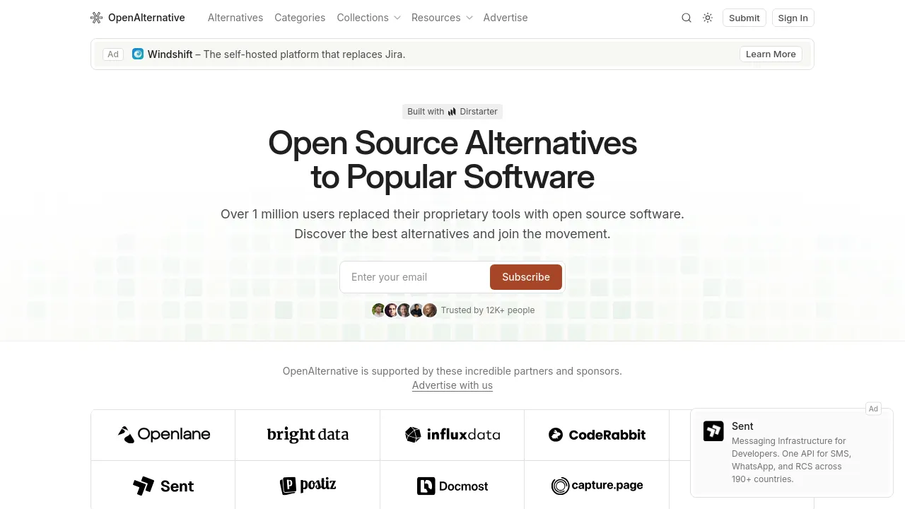 Screenshot of OpenAlternative website
