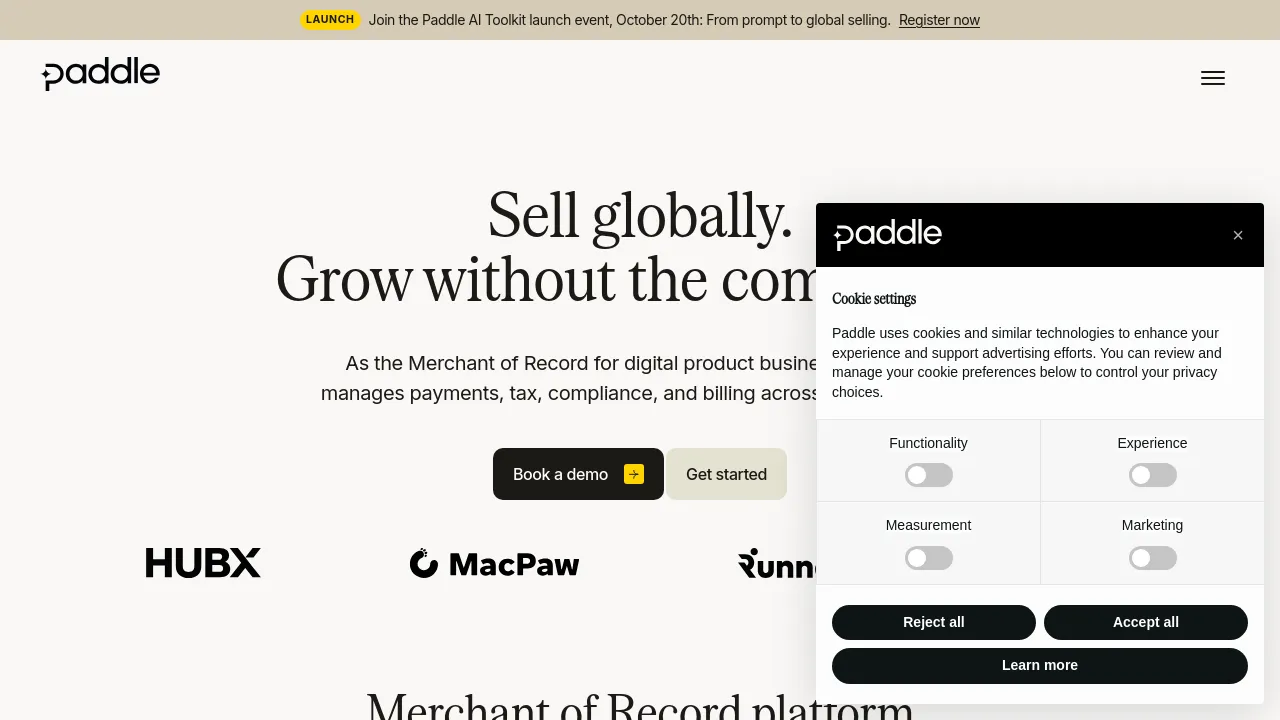 Screenshot of Paddle website