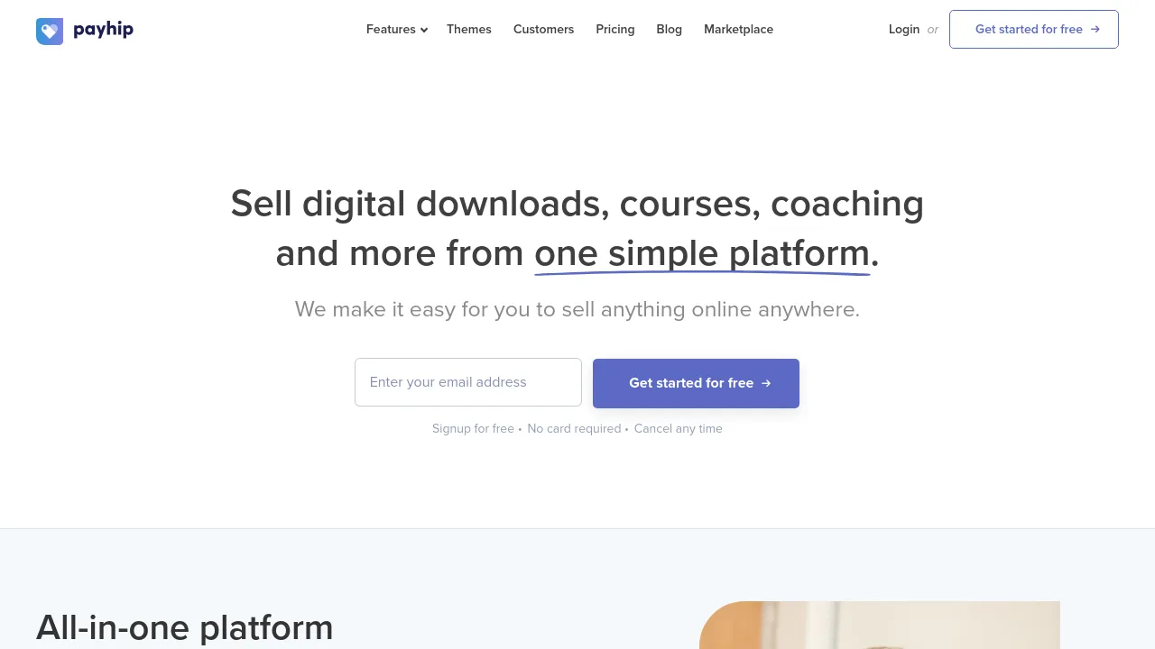 Screenshot of the Payhip website