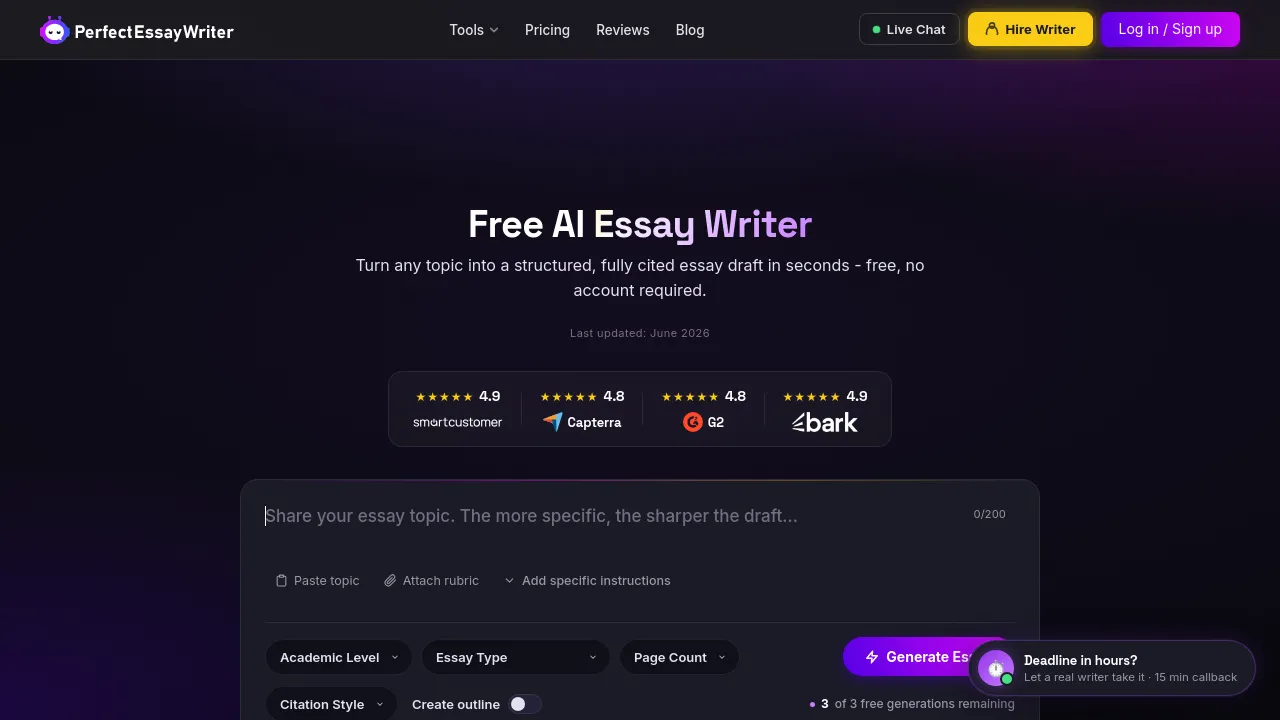 Screenshot of PerfectEssayWriter.ai website