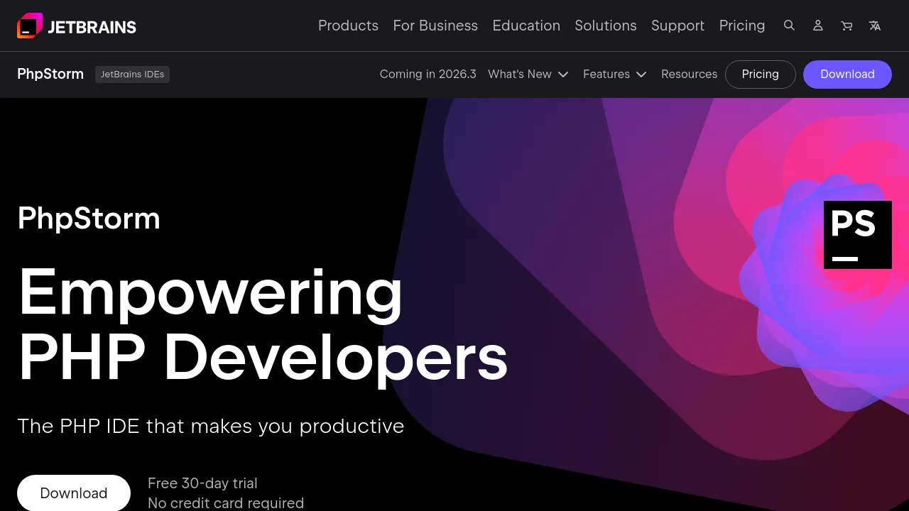 Screenshot of PhpStorm website