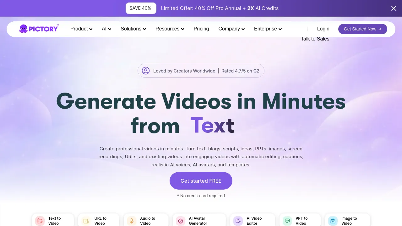Screenshot of Pictory website