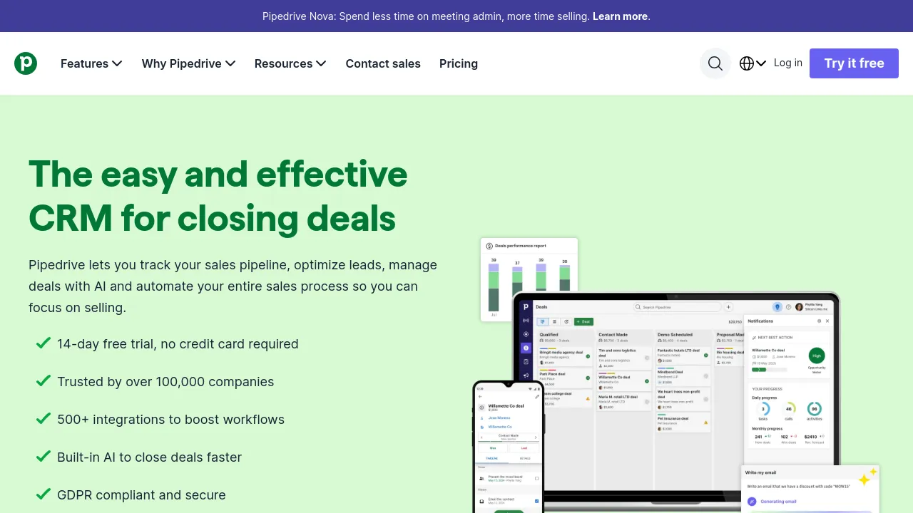 Screenshot of Pipedrive website