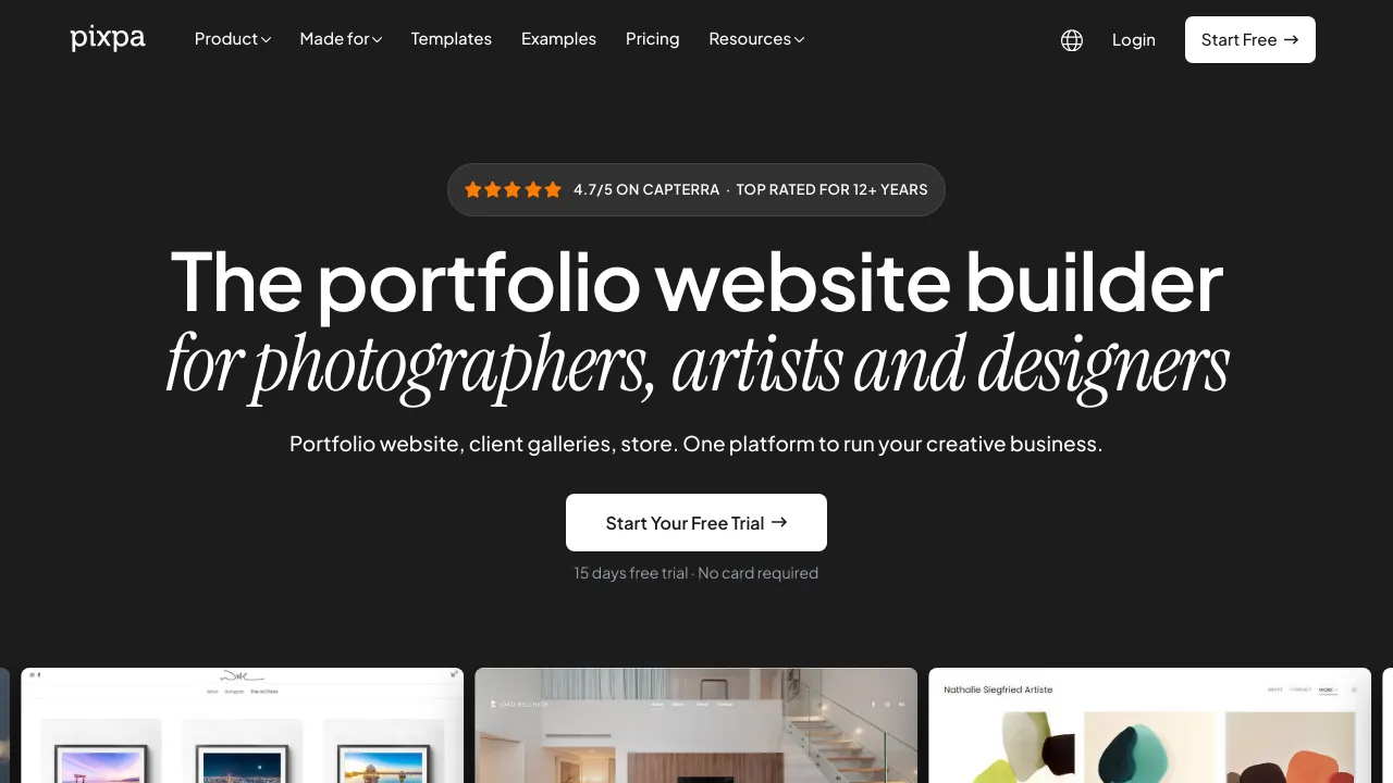 Screenshot of Pixpa website