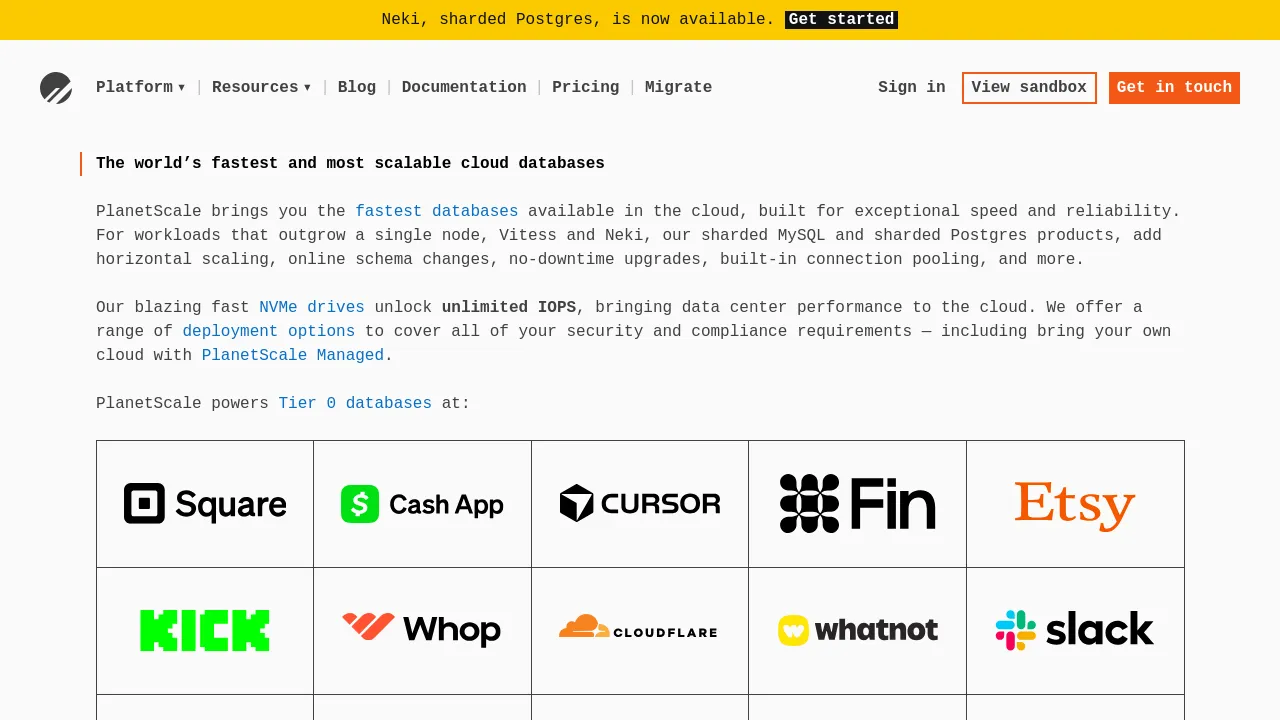 Screenshot of PlanetScale website