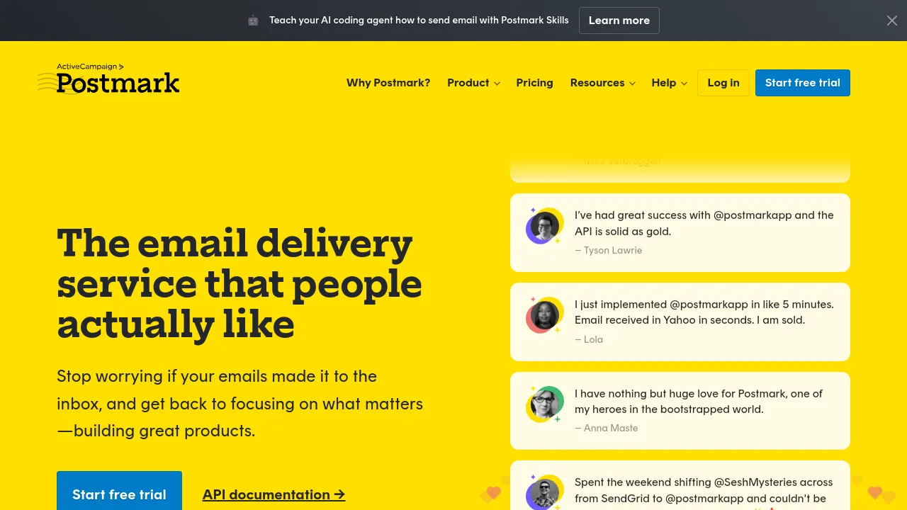 Screenshot of Postmark website