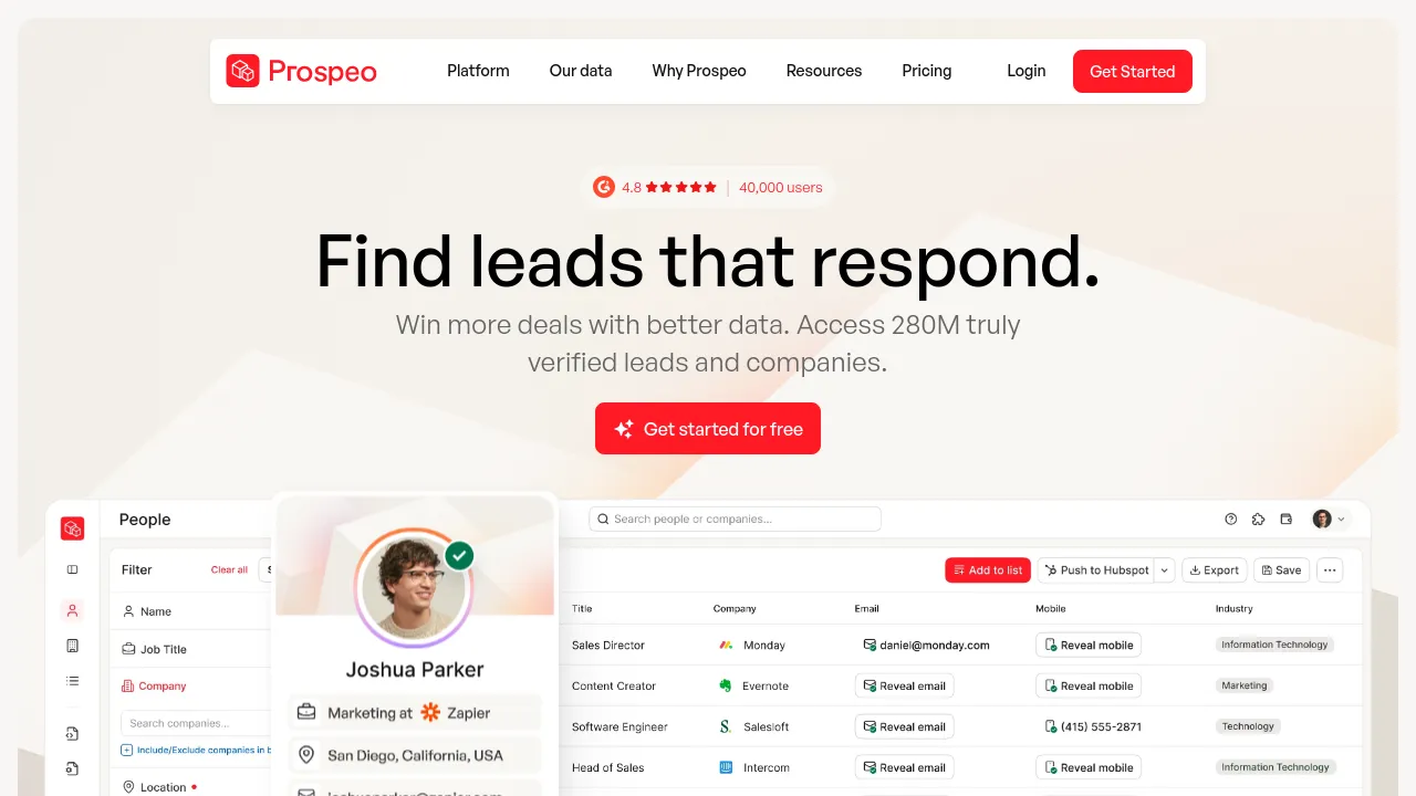 Screenshot of Prospeo website