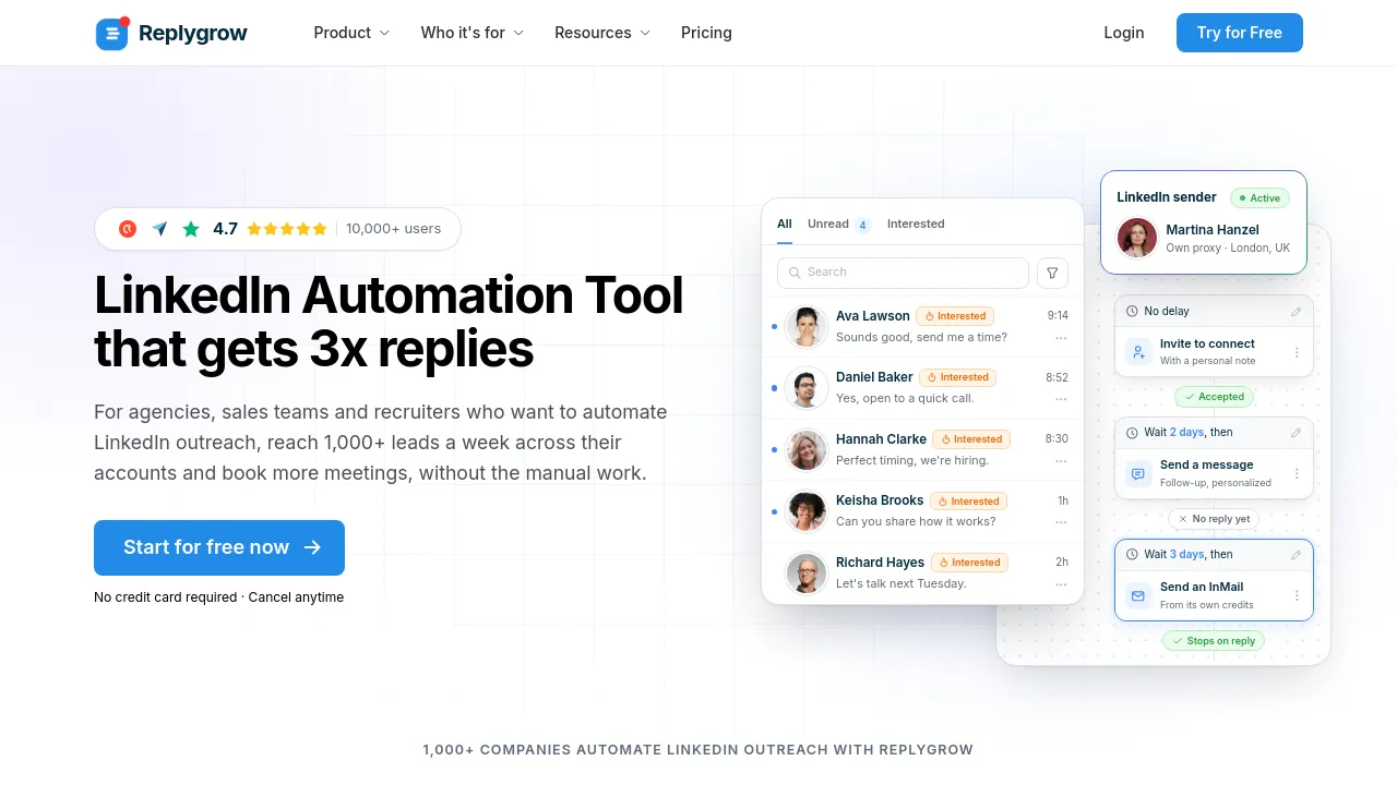 Screenshot of Replygrow website