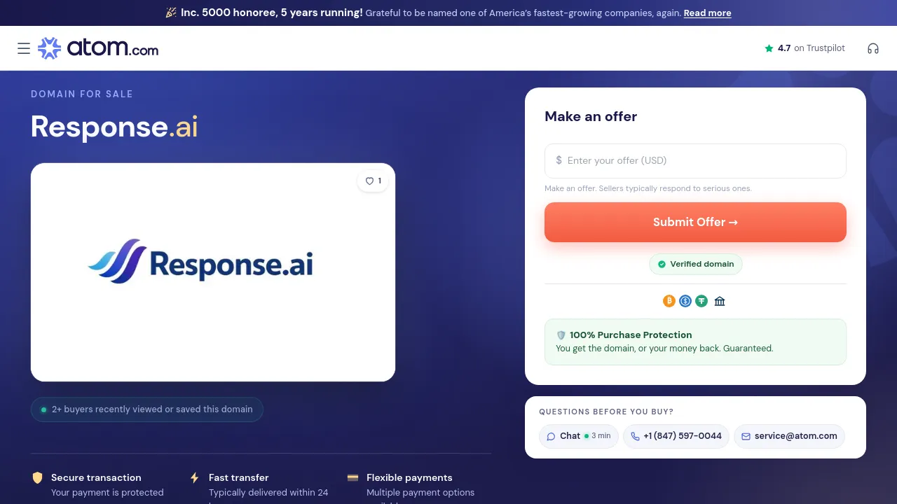 Screenshot of Response AI website