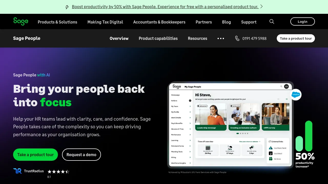 Screenshot of Sage HR website
