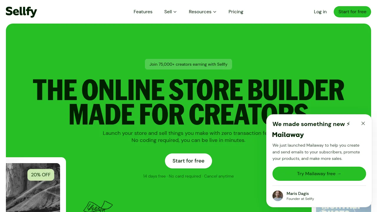 Screenshot of Sellfy website
