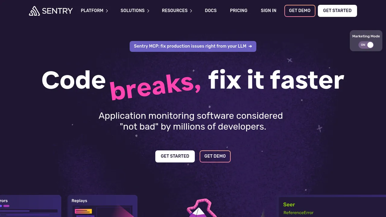 Screenshot of Sentry website