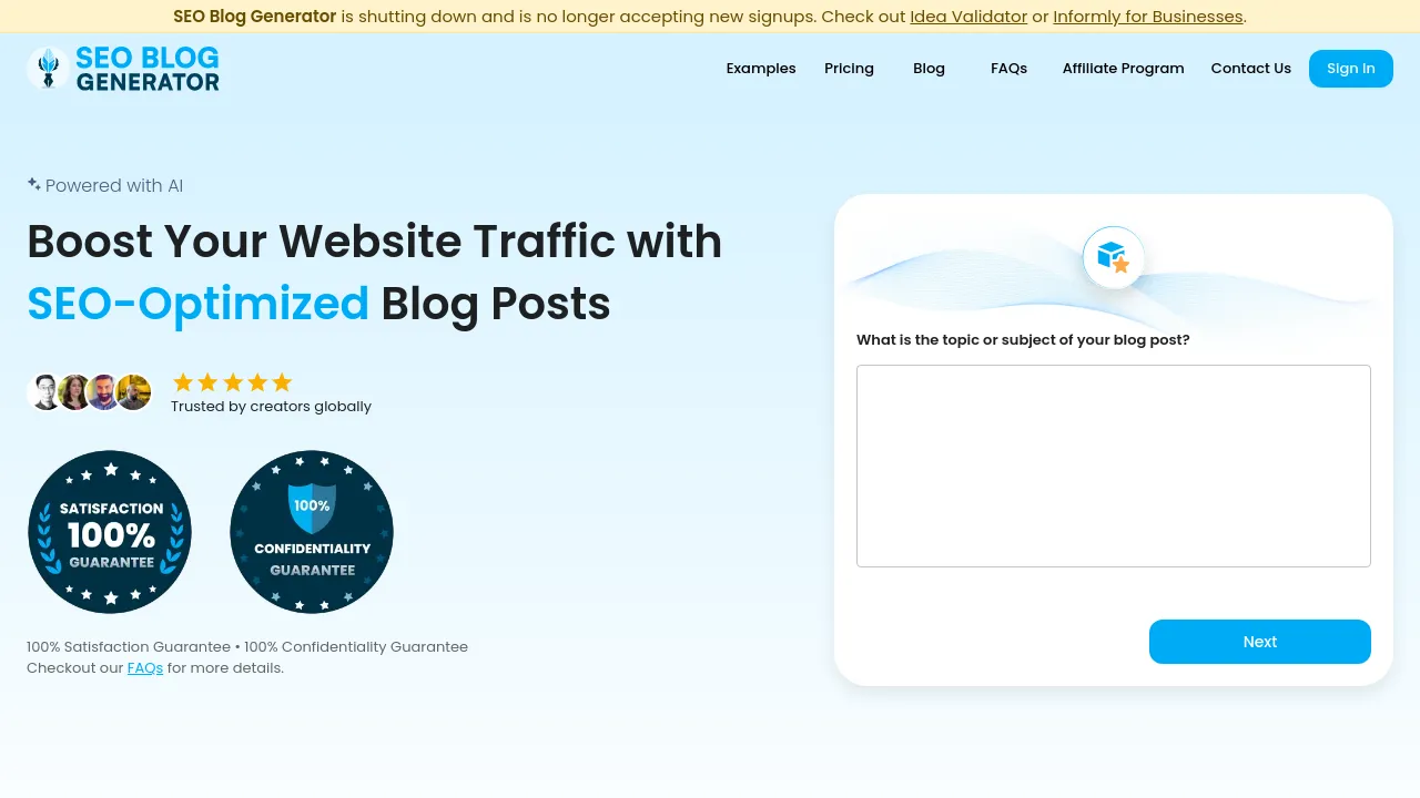 Screenshot of SEO Blog Generator website