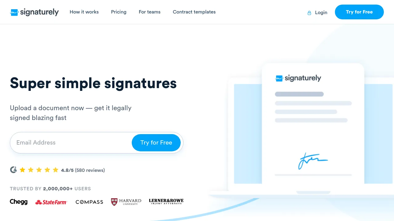 Screenshot of the Signaturely website