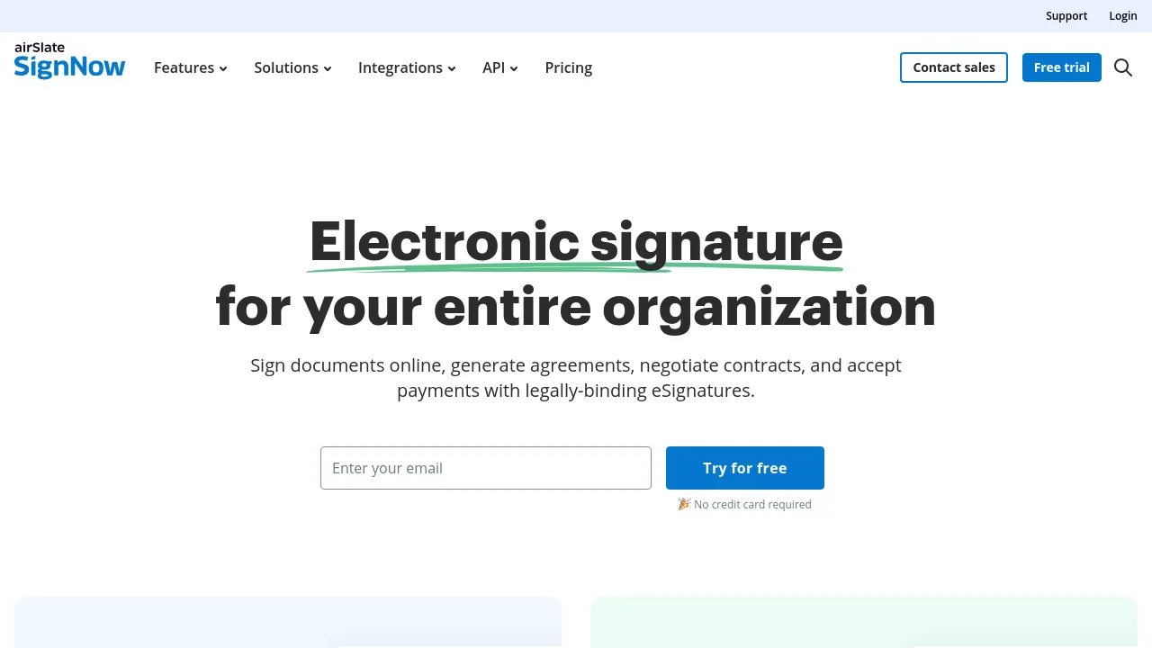 Screenshot of SignNow website