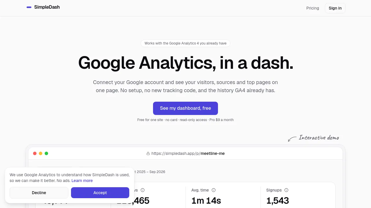 Screenshot of SimpleDash website