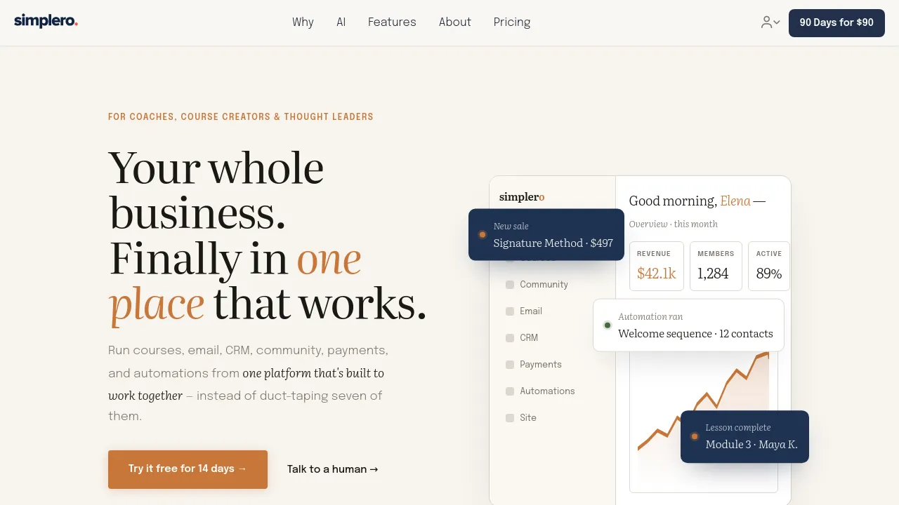Screenshot of Simplero website