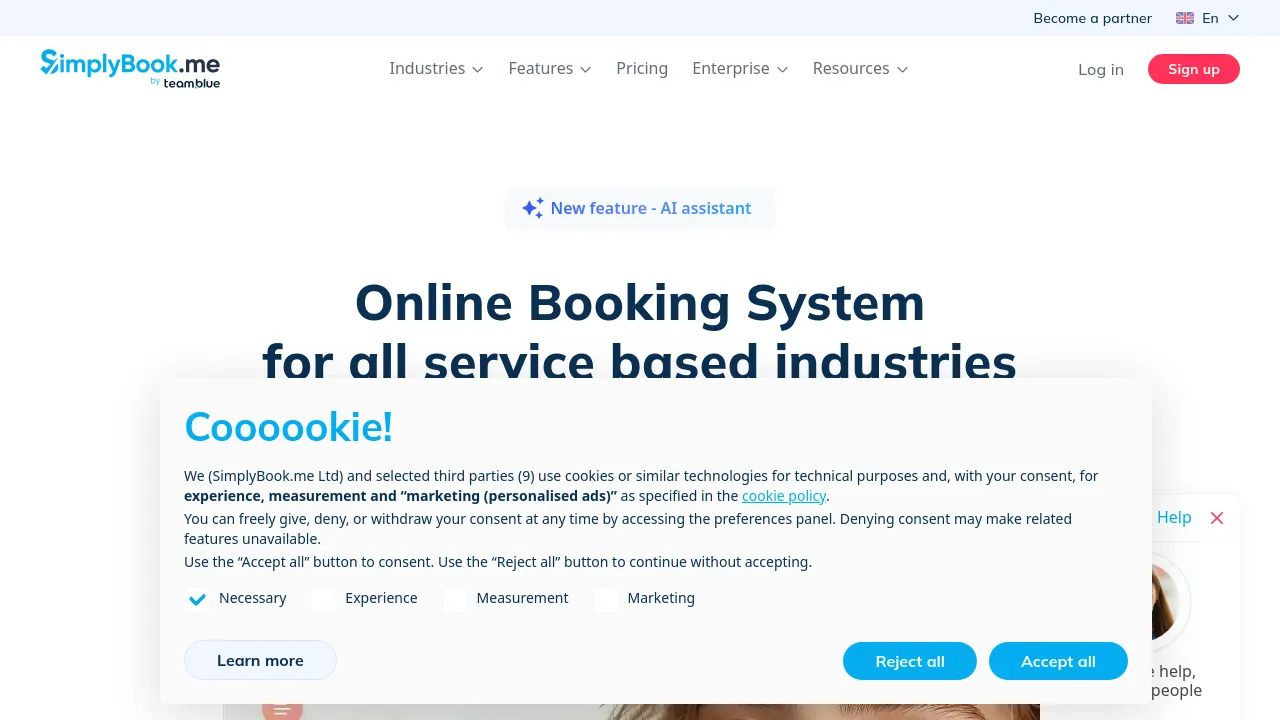 Screenshot of SimplyBook.me website