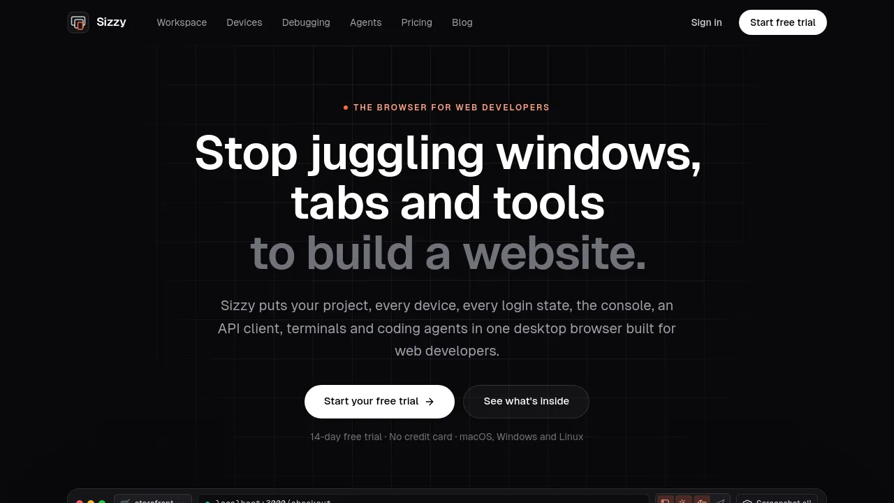 Screenshot of Sizzy website