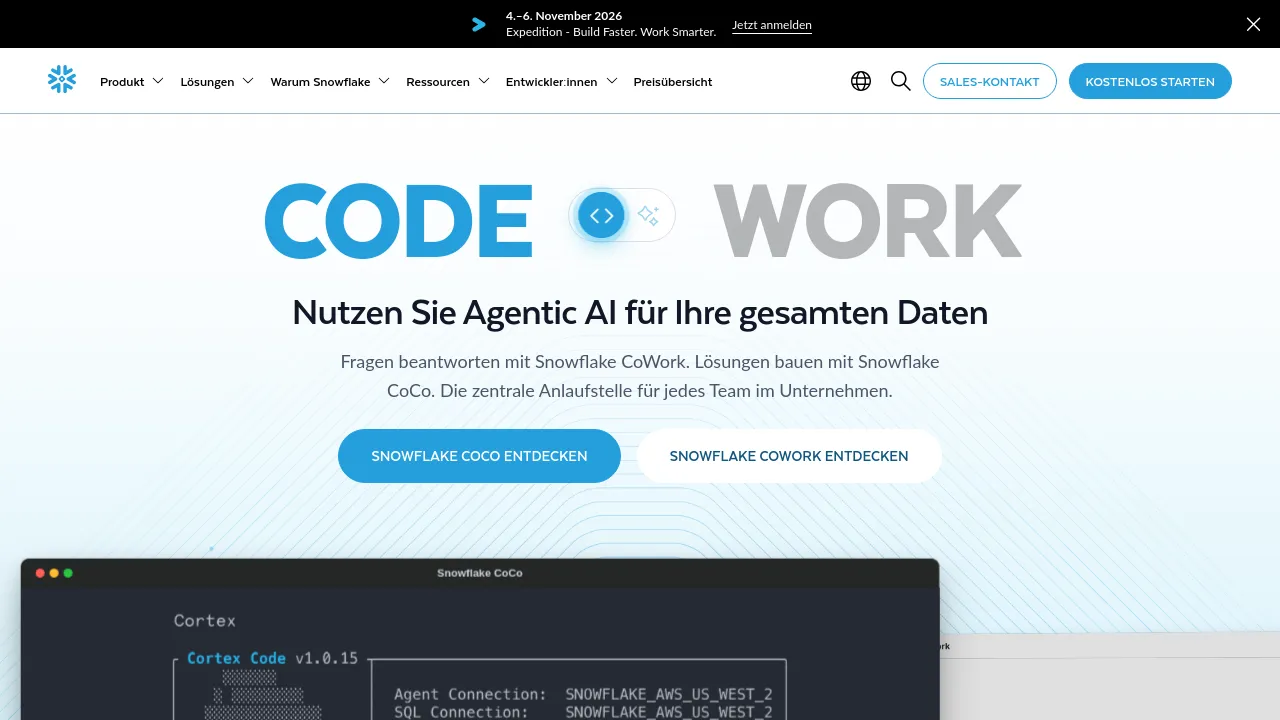 Screenshot of Snowflake website