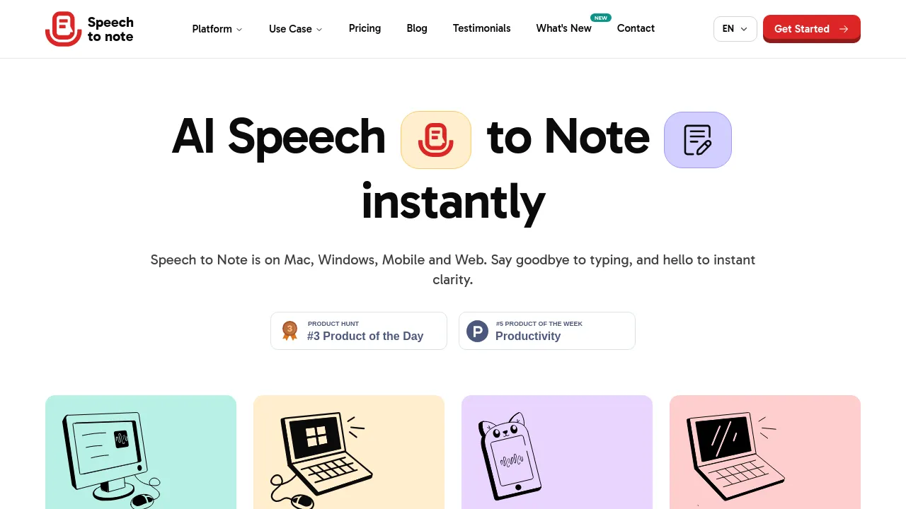 Screenshot of Speech to Note website