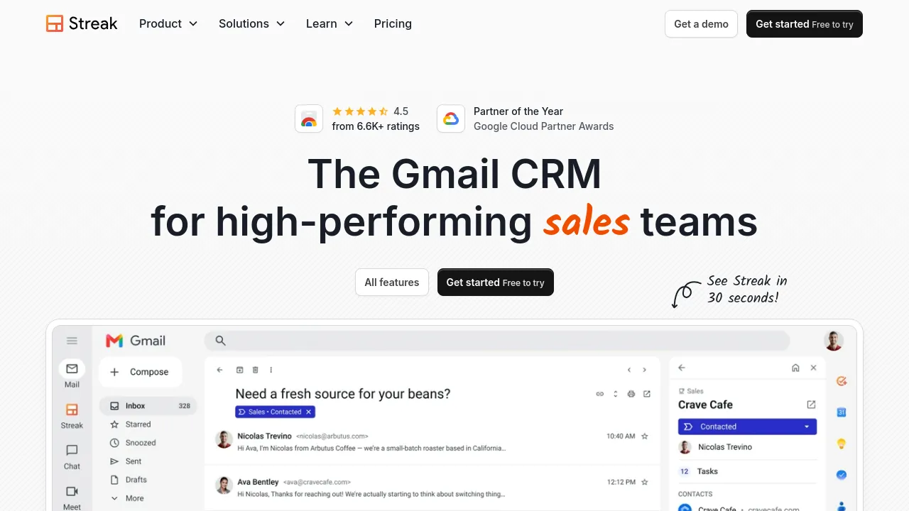 Screenshot of Streak - CRM for Gmail website