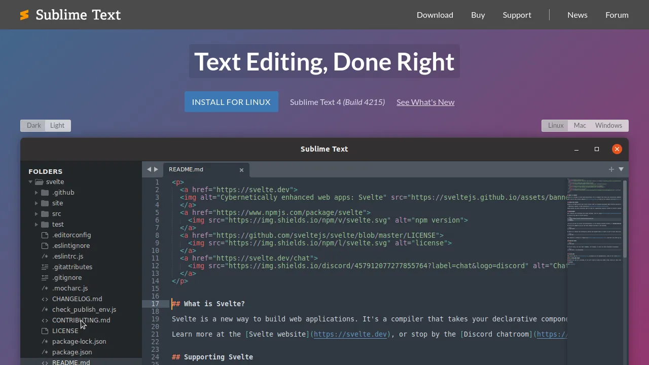 Screenshot of the Sublime Text website