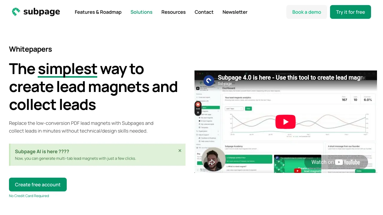Screenshot of Subpage website