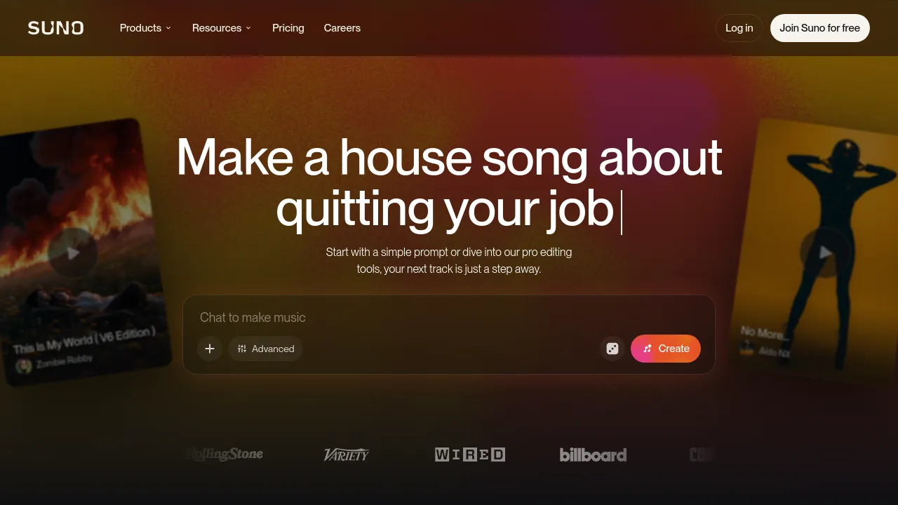Screenshot of the Suno AI website
