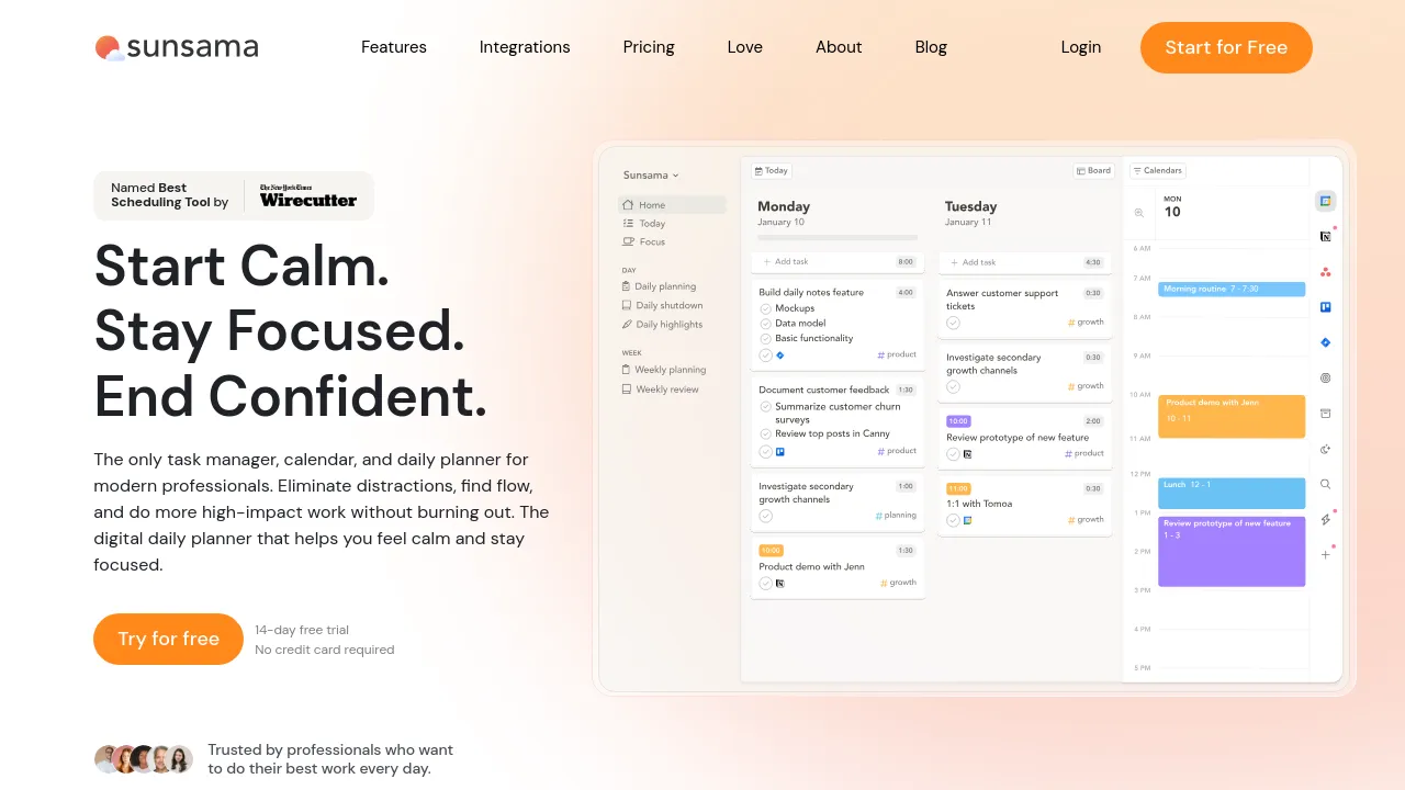 Screenshot of Sunsama website