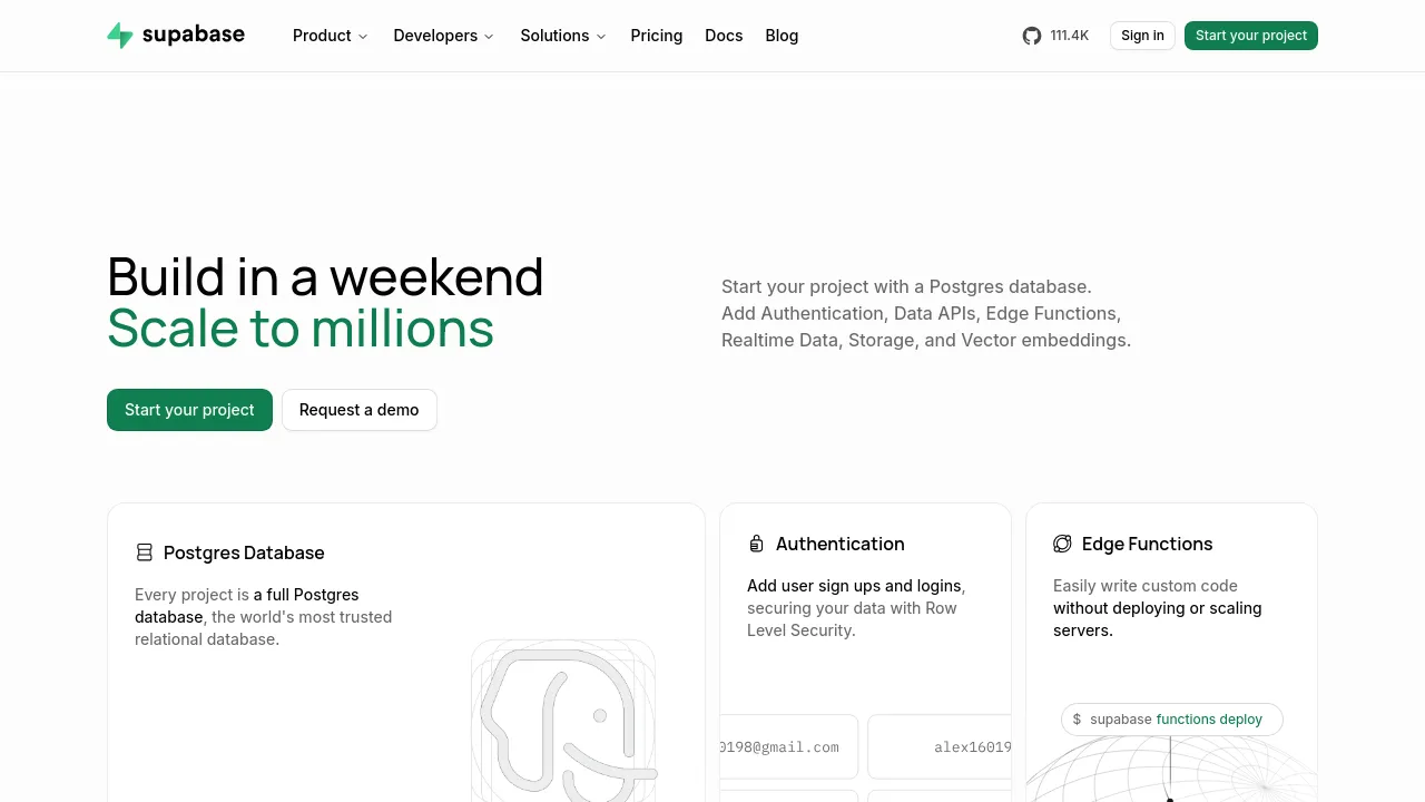 Screenshot of Supabase website