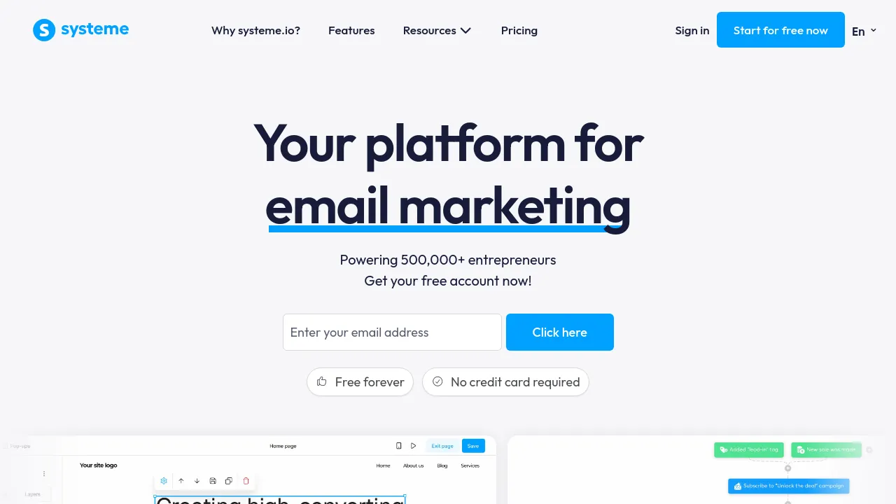 Screenshot of Systeme.io website