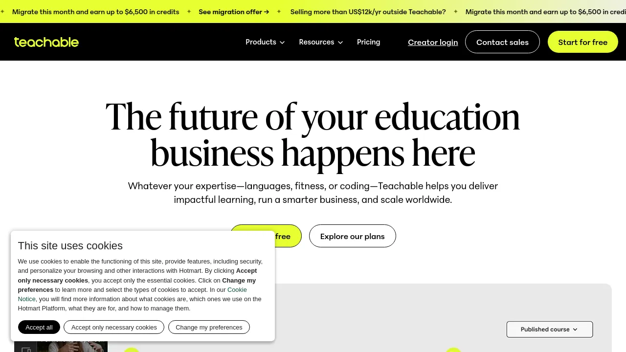 Screenshot of Teachable website