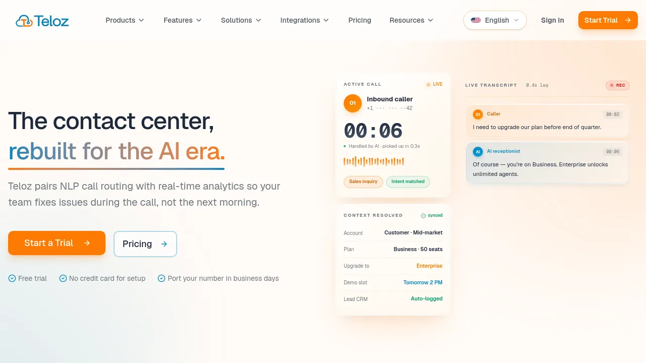 Screenshot of Teloz Cloud Contact Center website