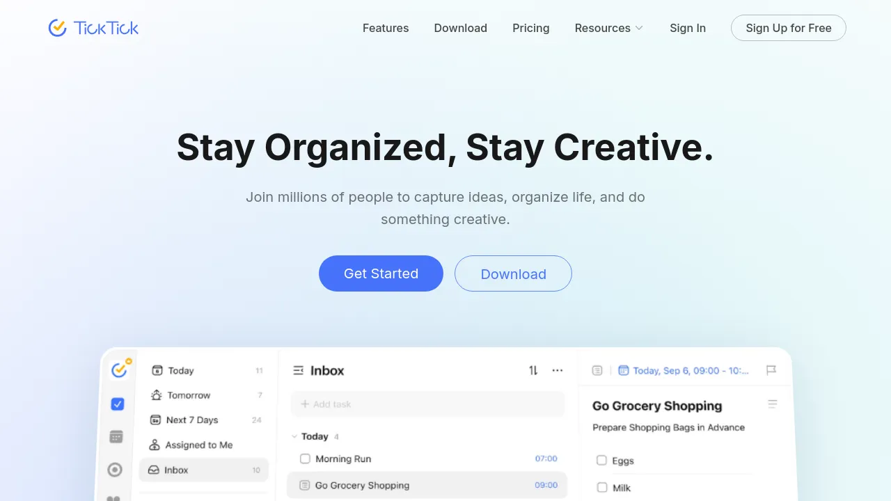 Screenshot of the TickTick website