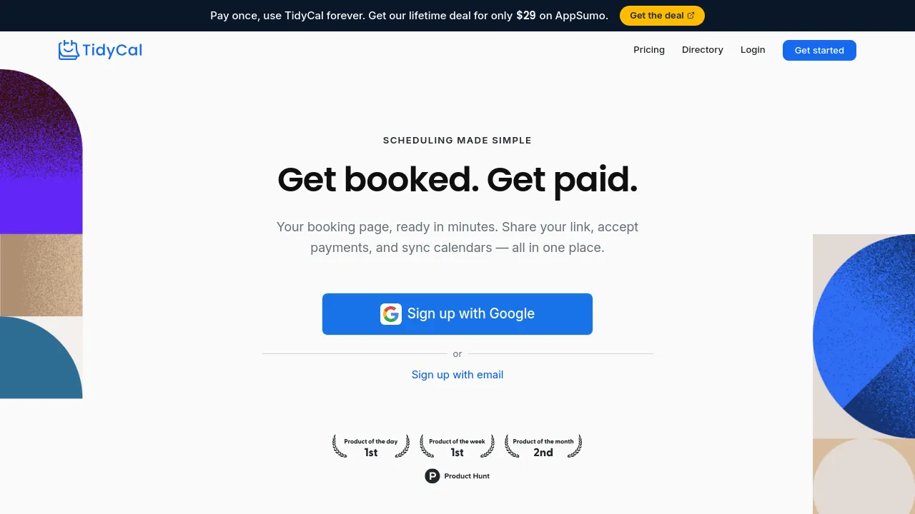 Screenshot of the TidyCal website